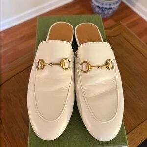 Gucci White Leather Mules with Gold Hardware
